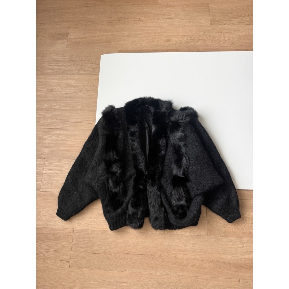 Black Fox Fur Jacket Knit Sweater Black L/XL Vintage 90s Hook N Eye